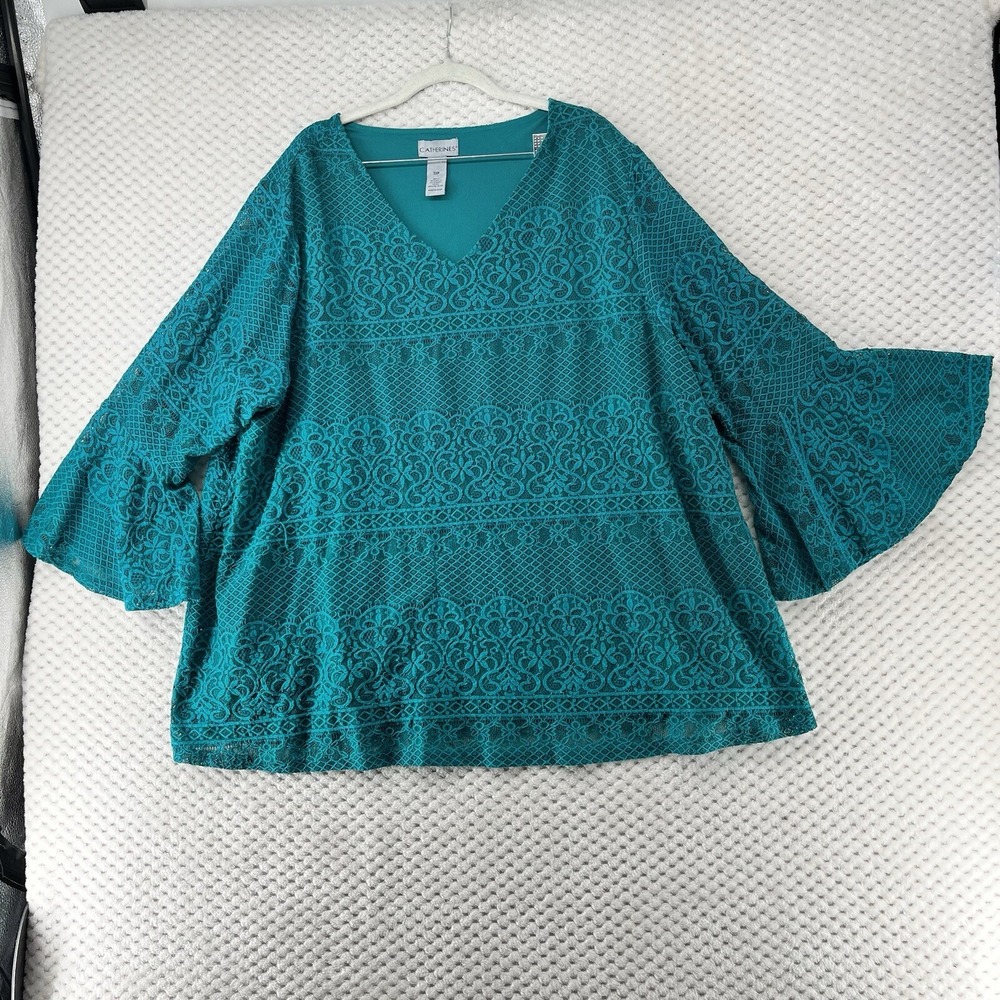 Catherines Teal Lace Blouse‎ V-Neck Bell Sleeve Plus Size Top 3XP